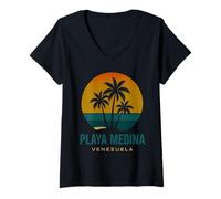 Donna Playa Medina Venezuela Venezuelano Retro Tramonto Design Maglietta con Collo a V