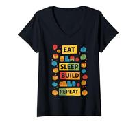 Donna Playful Eat Sleep Build Repeat Design for Builders Maglietta con Collo a V