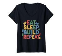 Donna Playful Eat Sleep Build Repeat Design for Builders Maglietta con Collo a V