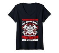 Donna Playing with A Firefighter Funny Fireman Firefighters Lovers Maglietta con Collo a V