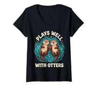 Donna Plays Well with Otters Maglietta con Collo a V