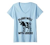 Donna Plays Well with Udders Cow Maglietta con Collo a V