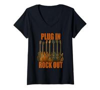Donna Plug in Rocks out Stories Maglietta Chitarra Musica Maglietta con Collo a V