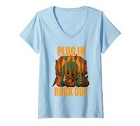 Donna Plug in Rocks out Stories Maglietta Chitarra Musica Maglietta con Collo a V