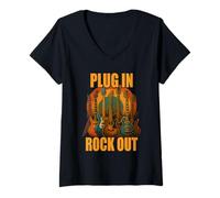 Donna Plug in Rocks out Stories Maglietta Chitarra Musica Maglietta con Collo a V