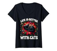 Donna Poinsettia Christmas Life Is Better with Cats Cute Xmas Cat Maglietta con Collo a V