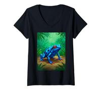 Donna Poison Dart Frog tossina mortale Foresta pluviale Tropicale Fumetto Blu Maglietta con Collo a V