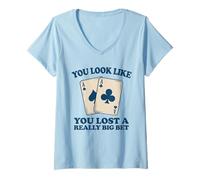 Donna Poker Player Cards Casino Vintage Giocatore Carte Divertente Maglietta con Collo a V