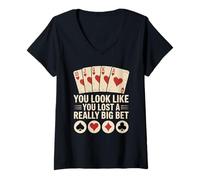 Donna Poker Player Cards Casino Vintage Giocatore Carte Divertente Maglietta con Collo a V