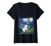 Donna Polar Bear Cub with Flower Crown Moonlit Night Sky Art Maglietta con Collo a V