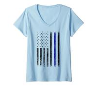 Donna Police Thin Blue Line Flag USA American Patriotic Maglietta con Collo a V