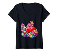 Donna Pollo Che abbraccia San Valentino Cuore Colore Critters Arcobaleno Maglietta con Collo a V