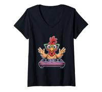 Donna Pollo Con Occhiali Dj Tavola Mix Musica Maglietta con Collo a V