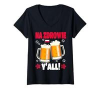 Donna Polonia Na Zdrowie YALL Beer Toast Due Tazze Celebrazione Maglietta con Collo a V
