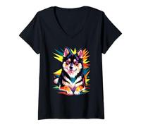 Donna Polygonal Abstract Art Alaskan Klee Kai Maglietta con Collo a V