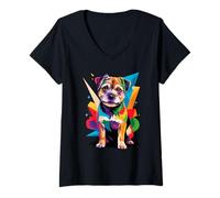 Donna Polygonal Abstract Art Border Terrier Border Terriers Maglietta con Collo a V