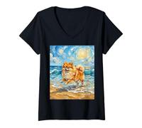 Donna Pomerania Starry Night Dog at The Beach Opera d'Arte Maglietta con Collo a V