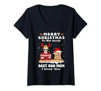 Donna Pomeranian Christmas To The World Best Dog Mom Funny Xmas Maglietta con Collo a V