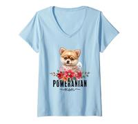 Donna Pomeranian with Flowers Dog Mom Cute Pet Owner Lover Maglietta con Collo a V