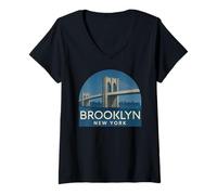 Donna Ponte di Brooklyn, Retro, New York, Vintage, Skyline Città, NYC, NY Maglietta con Collo a V