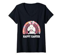 Donna Poodle Dog Happy Easter Bunny Eggs Hunting Boho Rainbow Maglietta con Collo a V