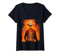 Donna Pop Art Esqueleto Fuoco Scheletro Cowboy Maglietta con Collo a V