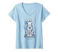 Donna Porcellana Gatto Zen Flow Floreale Ceramica Maglietta con Collo a V