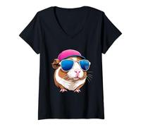 Donna Porcellino d’India con cappellino e occhiali da sole Maglietta con Collo a V