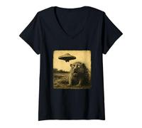 Donna Porcupine Ufo Sorpreso Vintage Alien Fantascienza Divertente Incontro Maglietta con Collo a V
