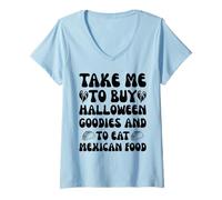 Donna Portami a Comprare Gadget di Halloween e Mangiare Cibo Messicano Maglietta con Collo a V