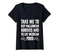Donna Portami a Comprare Gadget di Halloween e Mangiare Cibo Messicano Maglietta con Collo a V