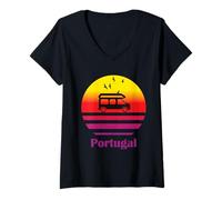 Donna Portogallo camper van vintage tramonto retrò mare portoghese Maglietta con Collo a V