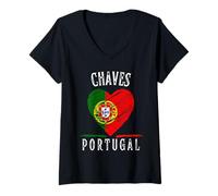 Donna Portugal Flag Heart Chaves City Maglietta con Collo a V
