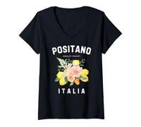 Donna Positano Frutta Italiana Fiore Limone Arte Italia Amalfi Italia Maglietta con Collo a V