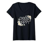 Donna Positive Floral Daisy Flower, Inspirational, Choose Happy Maglietta con Collo a V