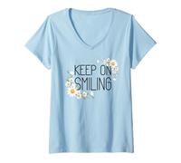 Donna Positive Floral Daisy Flower, Inspirational, Keep on Smiling Maglietta con Collo a V