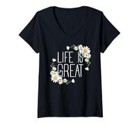Donna Positive Floral Daisy Flower, Inspirational, Life is Great Maglietta con Collo a V