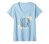 Donna Positive Floral Daisy Flower, Inspirational, Life is Great Maglietta con Collo a V