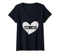 Donna Postal Worker Mail Lady Heart Stamp Design Maglietta con Collo a V
