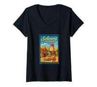 Donna Poster artistico retrò vintage Solvang City California CA Maglietta con Collo a V