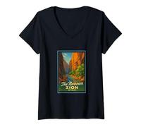Donna Poster artistico retrò vintage The Narrows Utah UT Zion Maglietta con Collo a V
