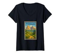 Donna Poster artistico vintage sulle Dolomiti Montagne Italia Maglietta con Collo a V