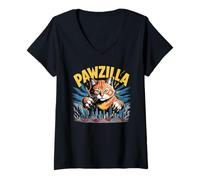 Donna Poster divertente retrò a fumetti Monster Pawzilla Orange Cat di Chicago Maglietta con Collo a V