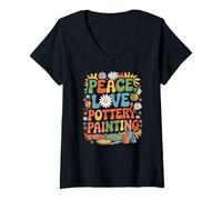 Donna Pottery Painter 60s 70s Retro Peace Love Pittura ceramica Maglietta con Collo a V