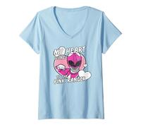 Donna Power Rangers My Hearth Belongs 2 The Pink Ranger Distressed Maglietta con Collo a V