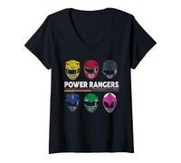 Donna Power Rangers Retro Ranger Helmets Maglietta con Collo a V