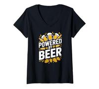 Donna Powered By Beer Hops Mug Bottiglie Fun Maglietta con Collo a V
