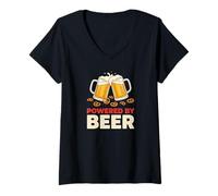 Donna Powered By Beer Mugs Pretzel Funny Drinking Maglietta con Collo a V