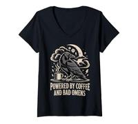 Donna Powered By Coffee And Bad Omens Corvo Gotico Maglietta con Collo a V