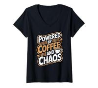 Donna Powered by Coffee And Chaos - Divertente caffè Design Maglietta con Collo a V